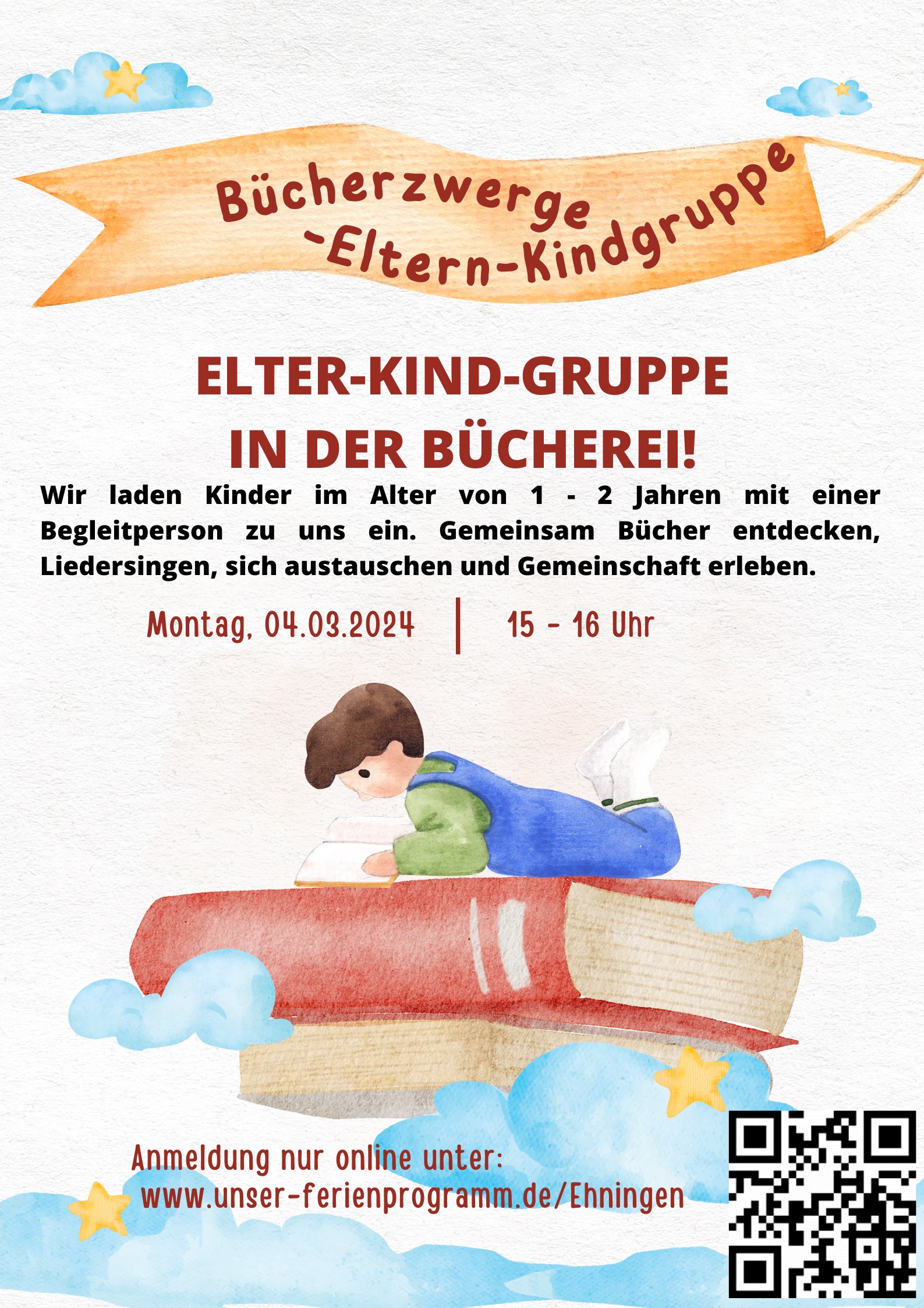 Zeigt das Plakat für die Eltern-Kind-Gruppe Bücherzwerge in der Bücherei